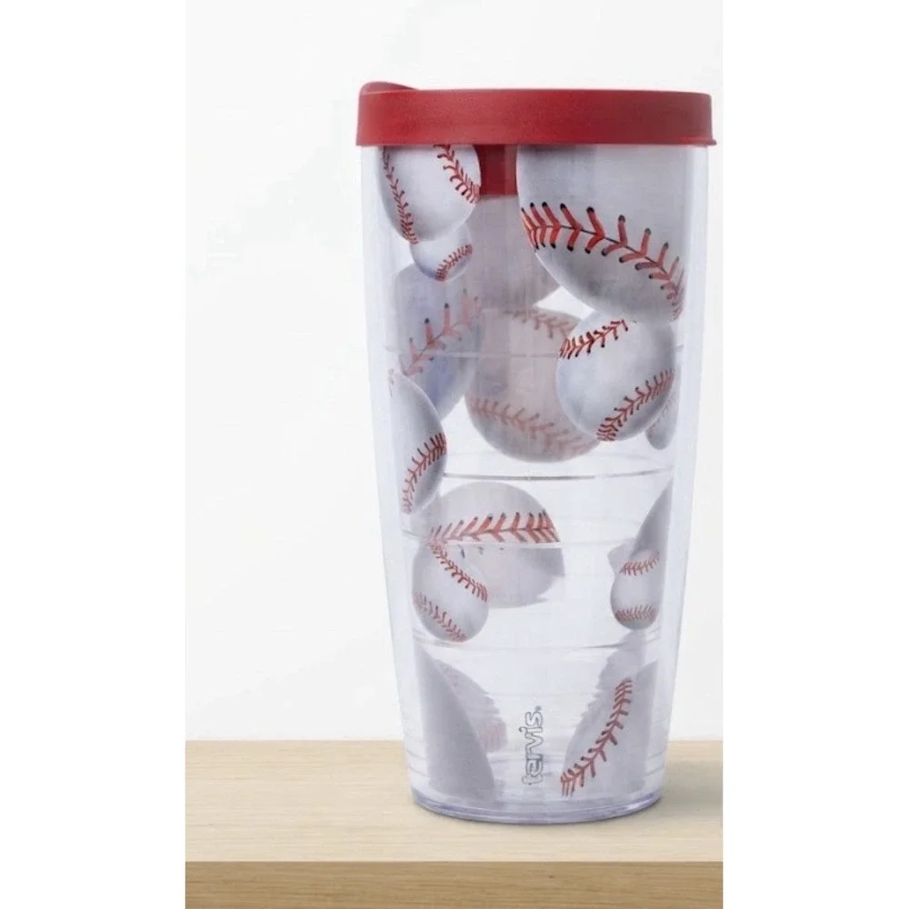 Tervis Baseballs Tumbler Hot Cold Drinks 16oz Baseball Green Lid Made In USA Cup